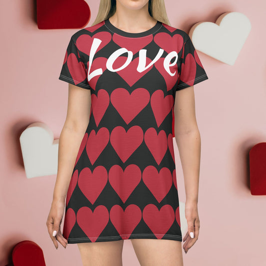 Love - All Over Print T-Shirt Dress - Red Hearts on Black