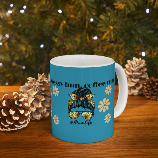 Messy Bun Coffee Run #Momlife Mug - Blue (11oz & 15oz)