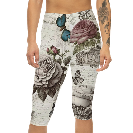 Women’s Capri Leggings (AOP) - Rose Deco