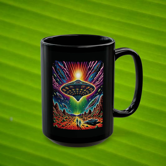 Rainbow UFO Coffee Mug - 420 Green Leaf Collection - Black (11oz, 15oz)